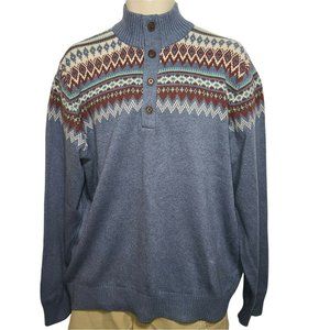 Izod Men's FairIsle Blue Cotton Button Neck L/S Pullover Knit Sweater SZ XL